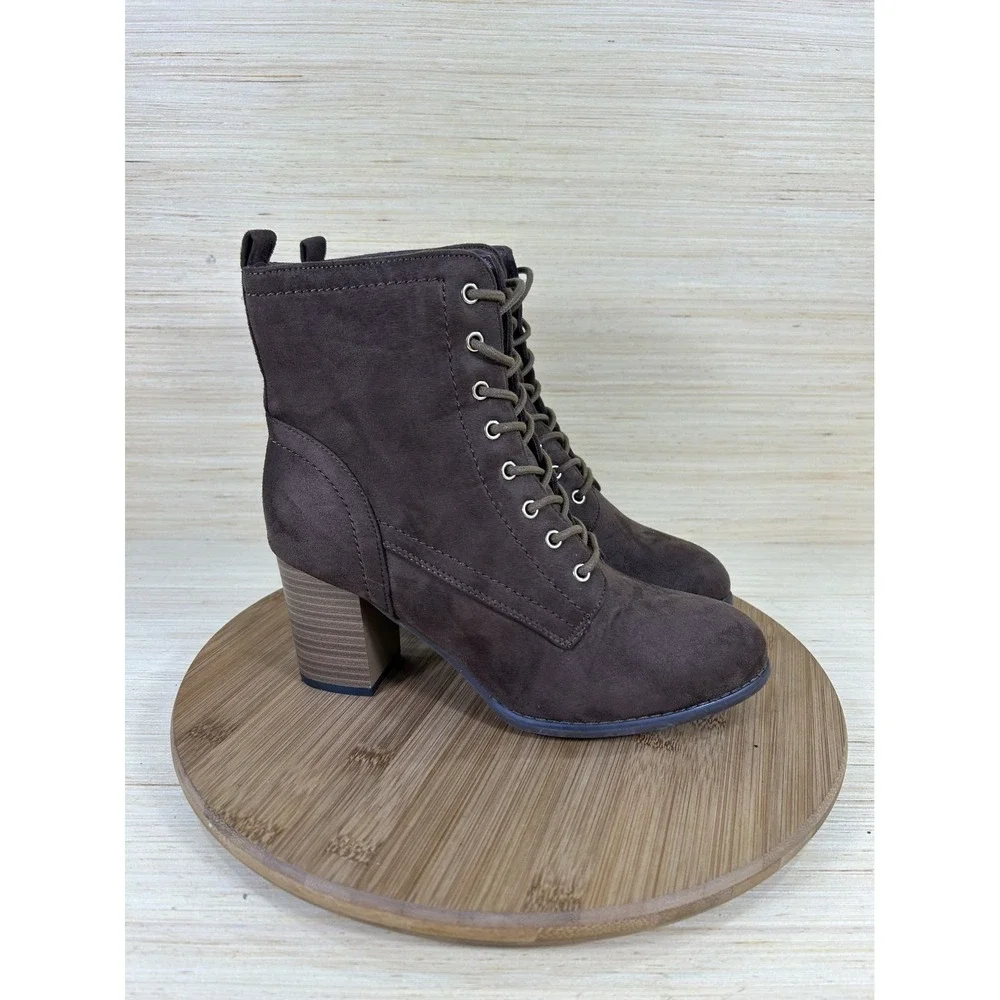 Journee Collection Baylor Lace Up Stacked Brown Suede Heeled Booties Womens 8.5